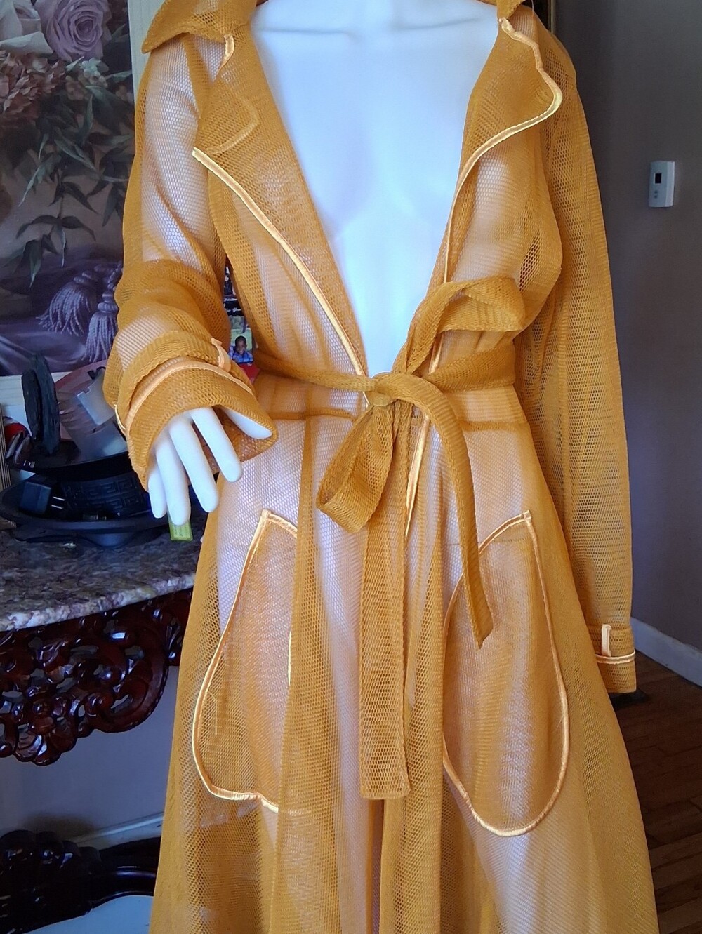 Sheer Mesh Belted Long Robe in Mustard Yellow